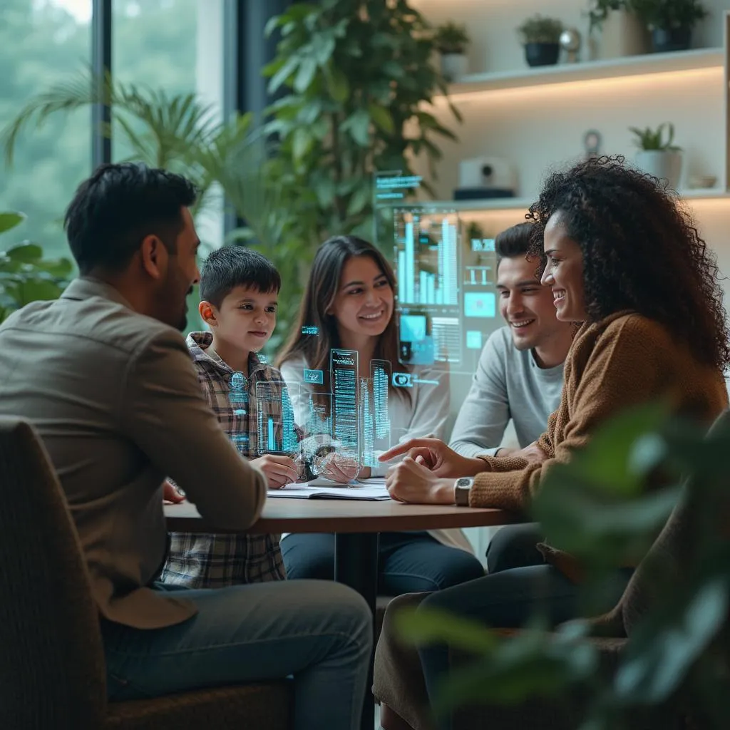 Familia colombiana en consulta financiera